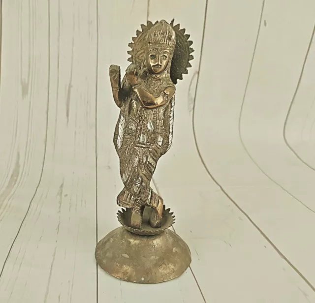 Old Vintage Beautiful Golden Polished  Hindu God Krishna Aluminium Statue