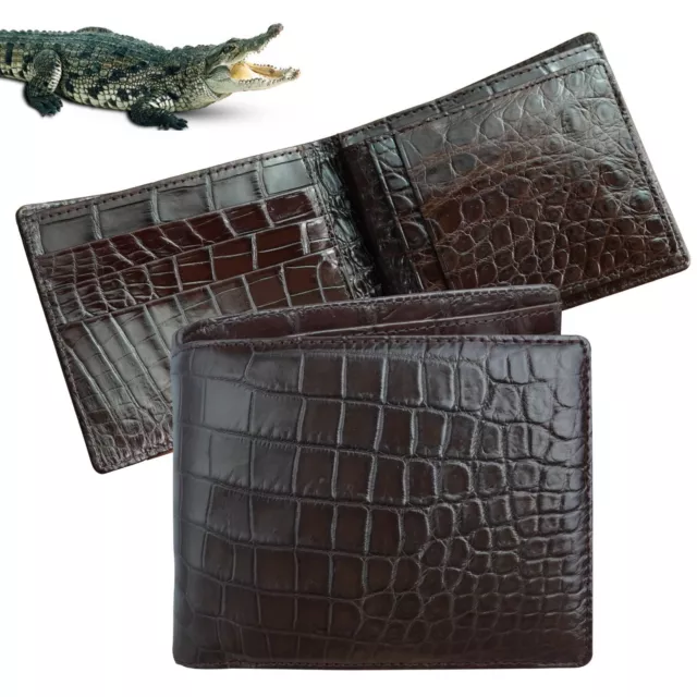 Brown Mens Wallets Bifold Leather Crocodile RFID Blocking Luxury Wallet Gift Men