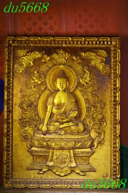 26"Bodhi root wood Gilt Medicine Buddha Sakyamuni Thangka Wall hanging statue