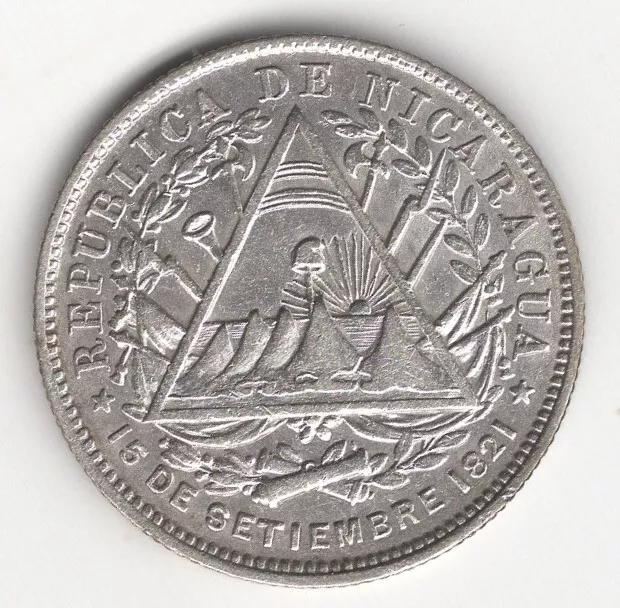 High Grade 1887 H  Nicaragua  Silver 20 Centavos