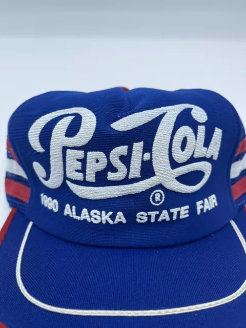 Vtg PEPSI-COLA 3 Stripe Snapback Trucker Hat Cap Red Blue 1990 Alaska State Fair