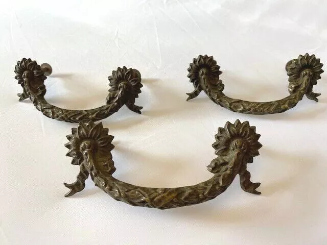 3 Antique Victorian Solid Brass Ornate Drawer Pulls - Art Nouveau