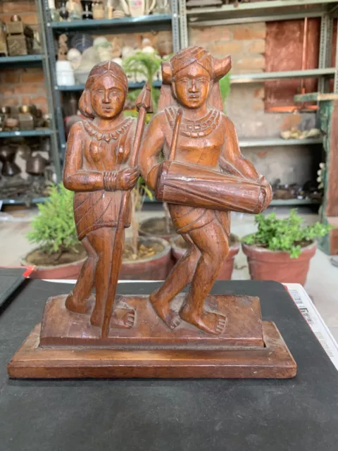 Antique Wooden Hand Carved Tribal Man & Women Musician Dancing Figurine Statue