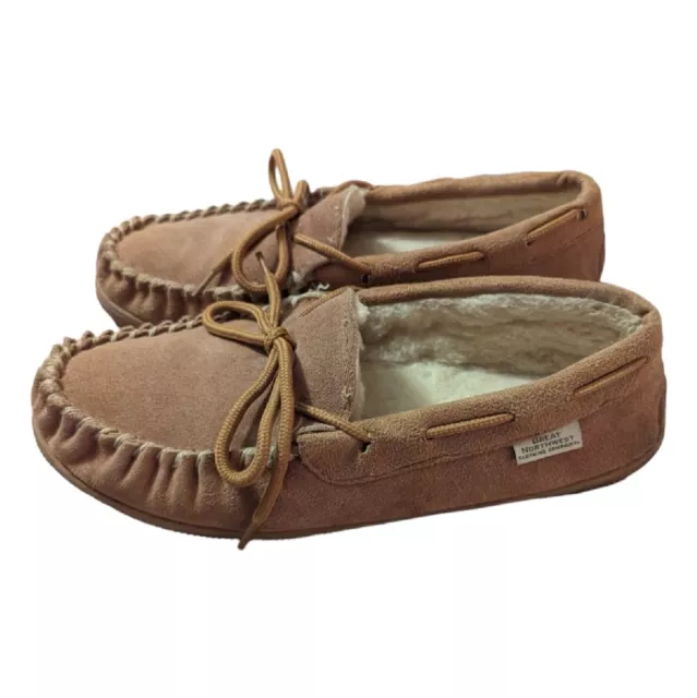 Great Northwest Slippers Womens 9 Mens 7.5 Leather Suede Shearling Moccasin