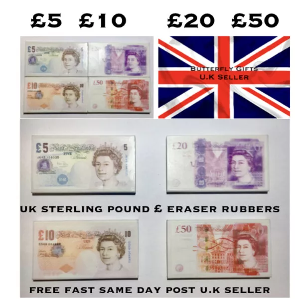 UK Pound Note Erasers £5 £10 £20 £50 Notes Novelty Money Rubbers Children Fun UK