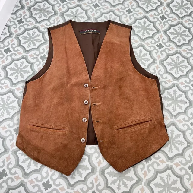 Vintage Atelier Suede Vest Size S Mens Pig Skin Tan Leather Retro Boho Hippy