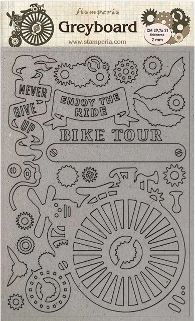 Stamperia Greyboard Cut-Outs A4 2mm Grosor-Bicicleta, Viajes Fantásticos, Paquete de 3