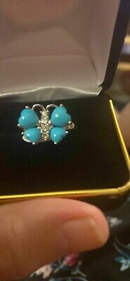 14k Sleeping Beauty turquoise butterfly heart ring with diamonds sizable 6