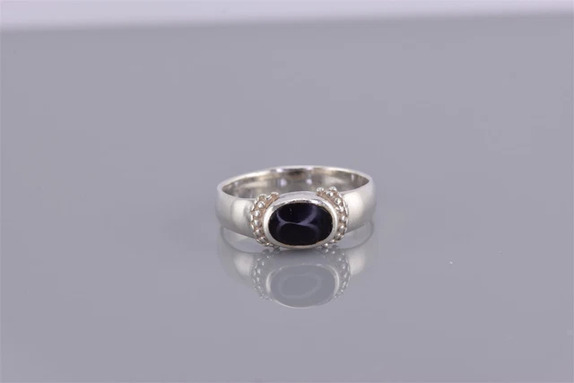 Sterling Silver Oval Black Onyx Semi Rope Trim Bezel Band Ring 925 Sz: 6