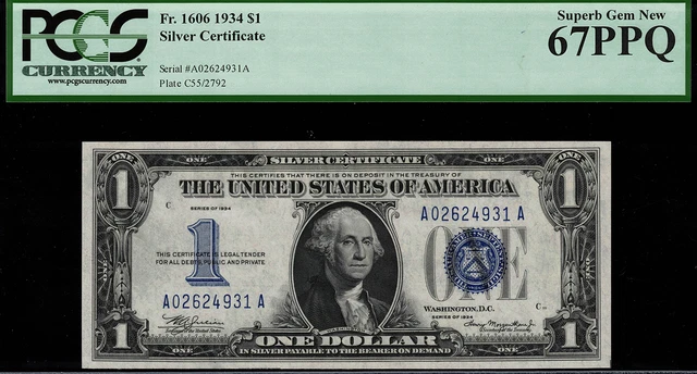 1934 $1 Silver Certificate FR-1606 A-A Block - Graded PCGS 67 PPQ