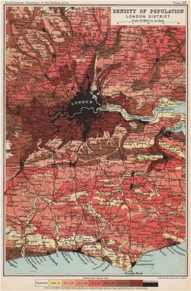 LONDON. Density of population. BARTHOLOMEW 1904 old antique map plan chart