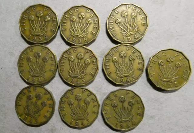 10 x George VI Brass Threepenny bits 1938 1941 1943 1944