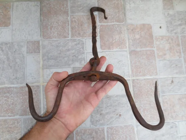 ANTIQUE 19th C. Hand forged Wrough Iron LARGE Hook Hanger Old Fireplace Vintage