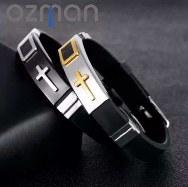 Fashion Adjustable Cross Silicon Rope Wrap StainlesBangle Bracelet Wristband 2