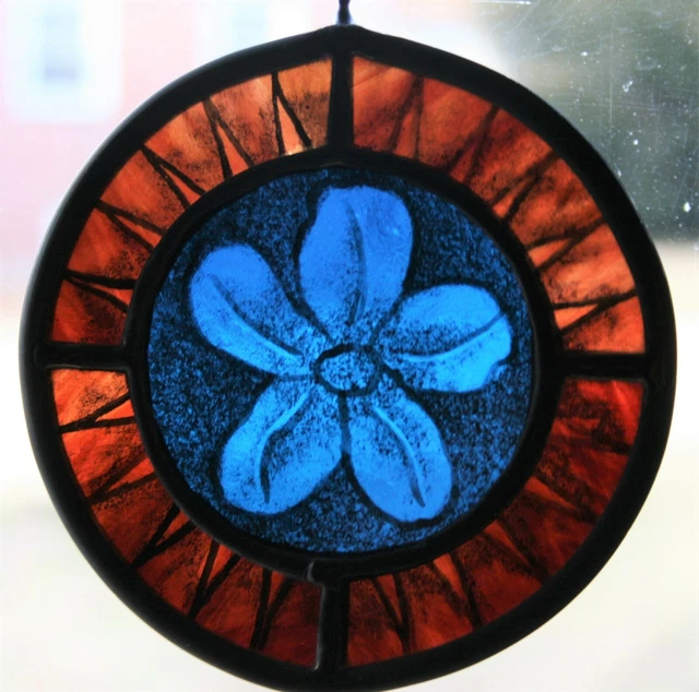 Stained Glass,Hand Painted,Kiln Fired, Blue Flower Panel, 1001-06