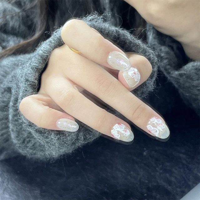 Hecho a mano flores de uñas falsas brillo ovalado prensa en uñas para arte de uñas 10 piezas