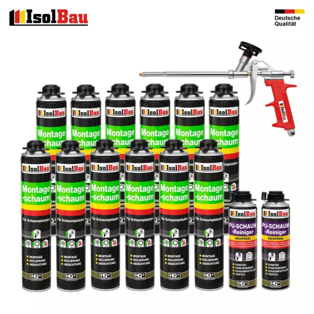 Pistolenschaum Montageschaum Bauschaum SET 12 x 750 ml +1 Pistole + 2 Reiniger