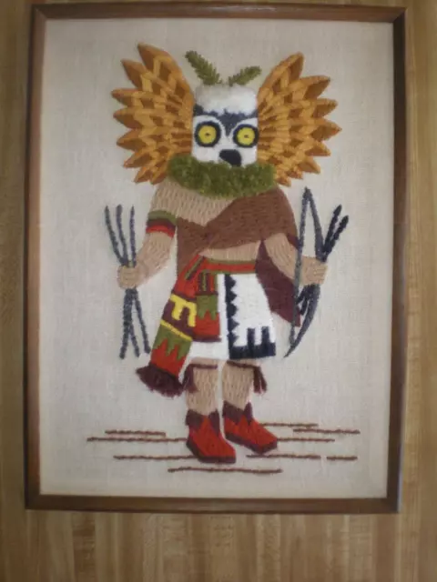 Native American Southwest 70's The Owl Kachina Needlepoint Framed 16 x 11.5"