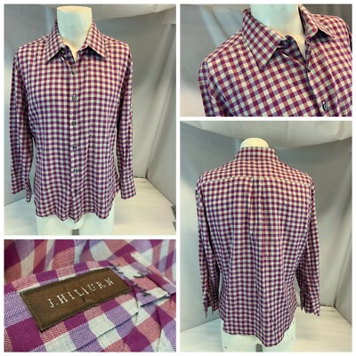 J Hilburn Long Sleeve Button Shirt 17.5 32 Purple Gingham Plaid YGI E1-342