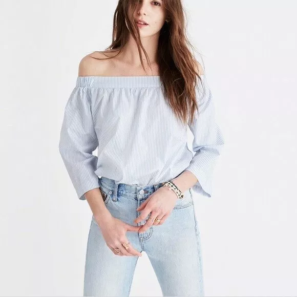 NWT Madewell Womens Off Shoulder Top Blouse Cotton White Blue Striped Size M