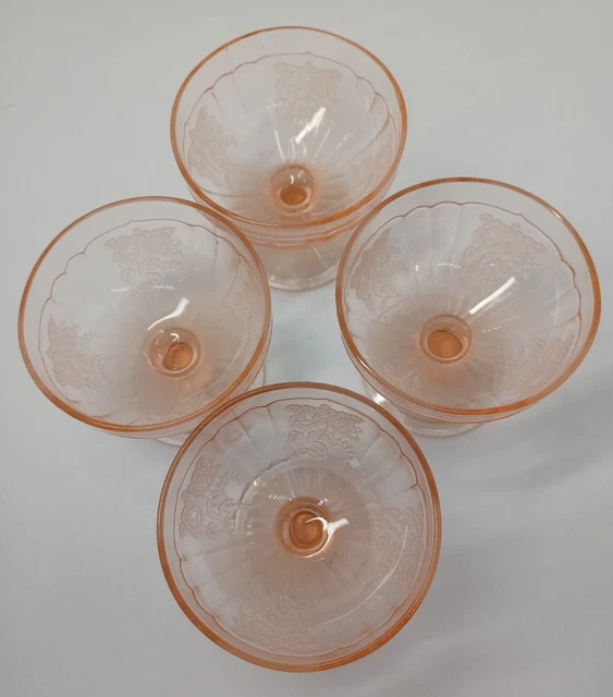 4 Vintage Pink Depression Glass Dessert Sherbet Footed Floral Etched Bowls