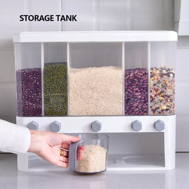 Dry Food Dispenser Rice Dispenser 5-Grid Cereal Storage Box W/ 1 Measuring Cup