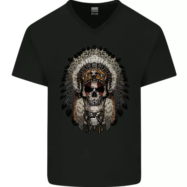 Indiano Nativo Americano Teschio Copricapo Uomo Scollo A V Cotone T-Shirt