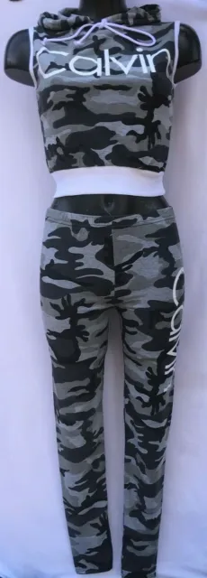 Set tracce leggings top da donna ragazze casual crop set frase stampata camouflage Calvin