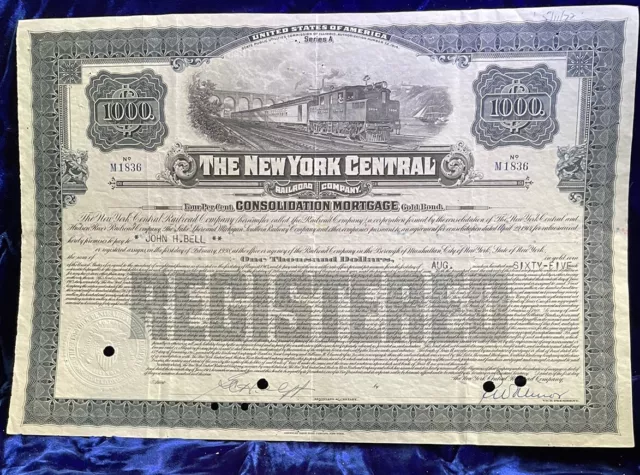 NEW YORK CENTRAL  Co. RR Stock Certificate - Gold Bond. $1,000 Grey