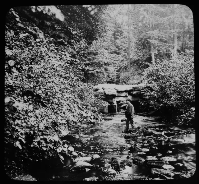 ANTIQUE Magic Lantern Slide VIRGINIA WATER STONE BRIDGE C1900 PHOTO BERKSHIRE