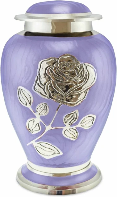 Silver Rose Cremation Urn - Funeral Urn with Large Flower on Lilac Purple Enamel