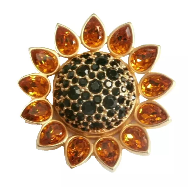 Swarovski Signed Gold Plated Sunflower Pin Brooch with Black and Orange Crystals