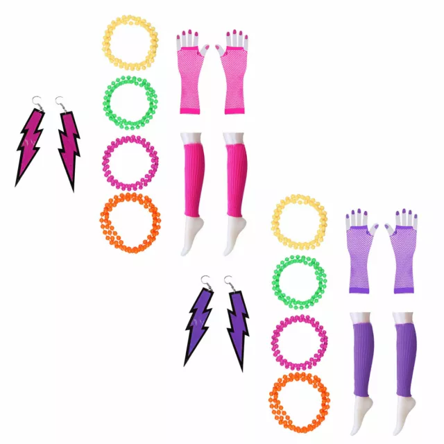 Ladies 80s Neon Fishnet Gloves Leg Warmers Necklace Earrings Dancing Costume 4Pc