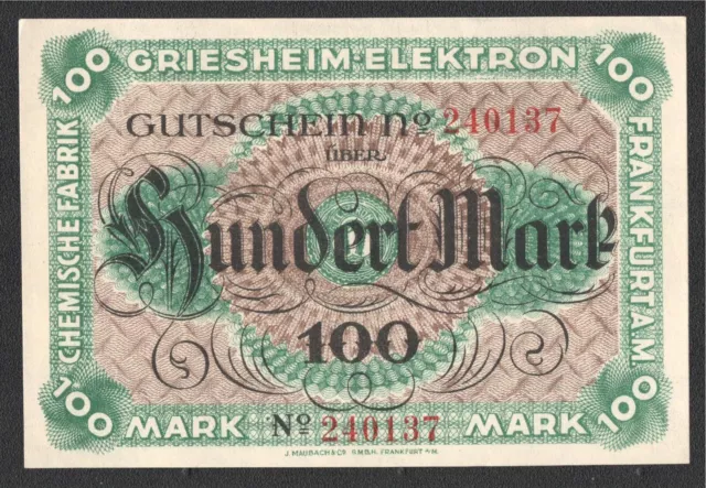 Frankfurt a. Main, Chemische Fabrik Griesheim-Elektron; 100 Mark vom 30.9.1922