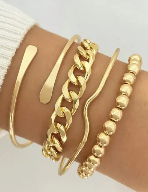 6x Bracelet Doré Or Femme Lot Bijoux Chaîne Multi Rangs Jaune Jonc  Manchette 