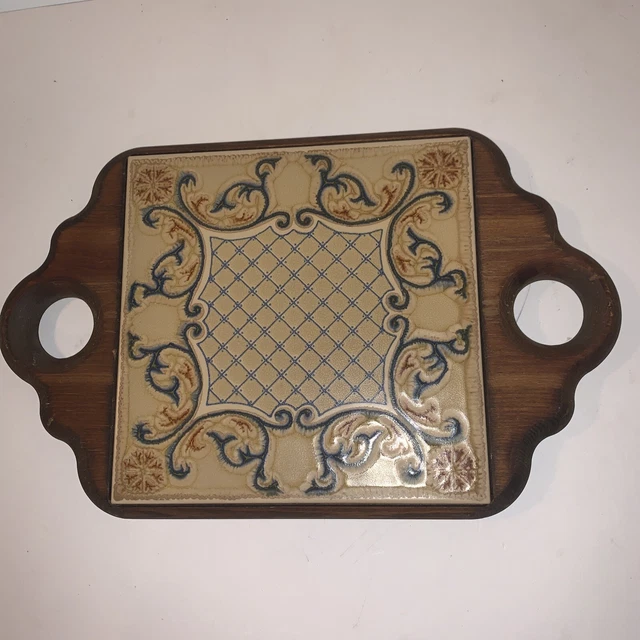 Vintage Ceramic Tile Trivet Wood Frame Handles Small Serving Tray Art Nouveau