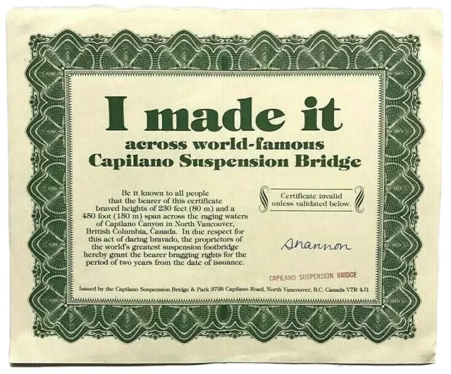 Vintage Capilano Suspension Bridge Certificate I made It Vancouver Canada