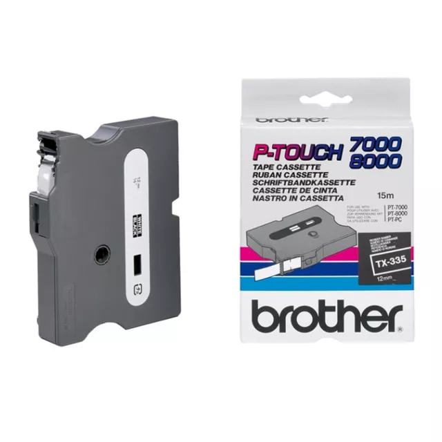 BROTHER TX-335 TX335 12mm 15mt NASTRO ORIGINALE bianco su nero non laminato