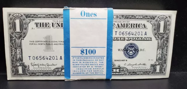 1957 $1 Consecutive Serial Number $100 Bundle of Blue Seal Silver Certificates