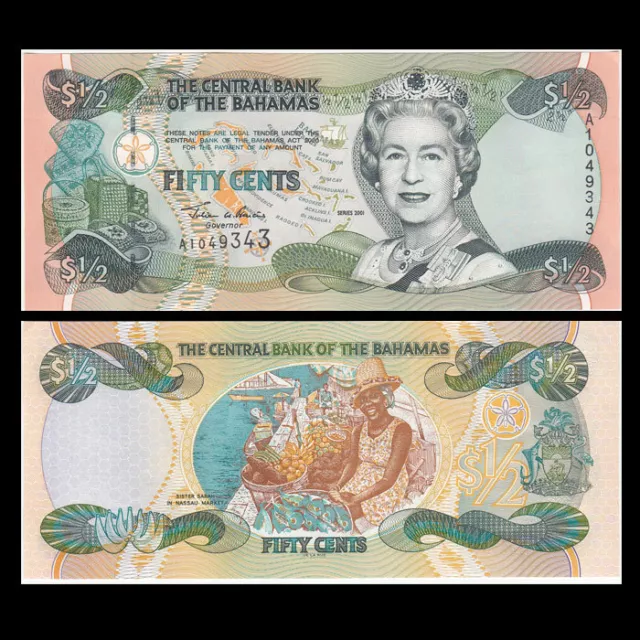 Bahamas 1/2 0.5 Dollar 50 Cents, 2001, P-68, UNC QEII