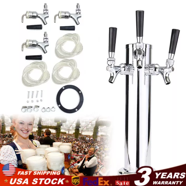 3 Tap Draft Beer Tower Triple Faucet Beer Dispenser Homebrew Bar Stainless Steel