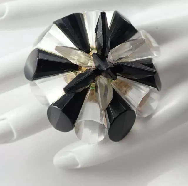 Vintage Black Clear Early Plastic Modern Dome Art Deco Style Pin Brooch