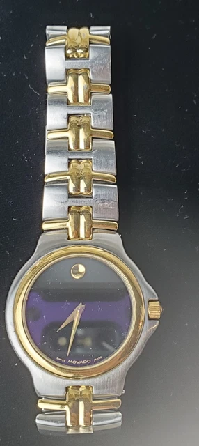 Movado Mens Watch Swiss Black Face Gold Accent New Battery Quartz