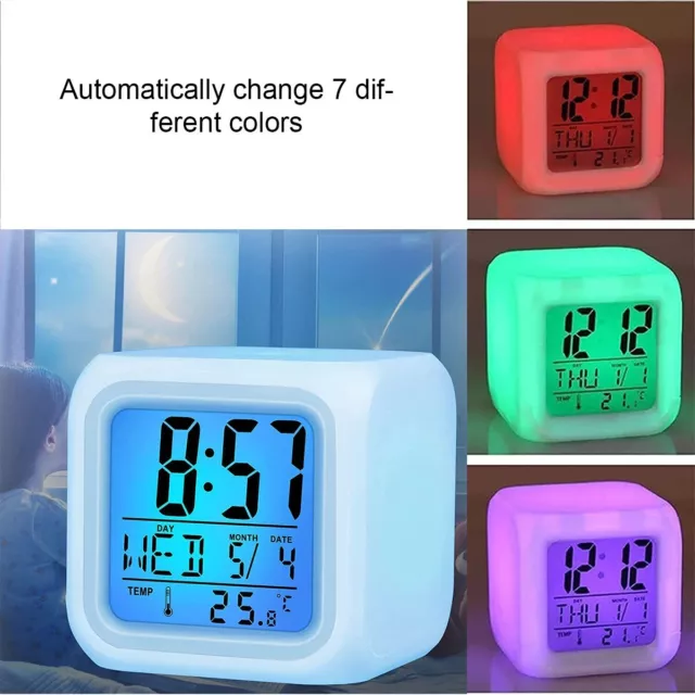 7 Colors LED Alarm Clock Colour Changing Digital Battery Kids Bedroom Calendar