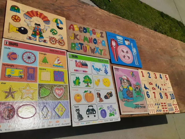 Lot of 7 Vintage Wooden Children's Peg Puzzles Wood Pre School numbers alphabet