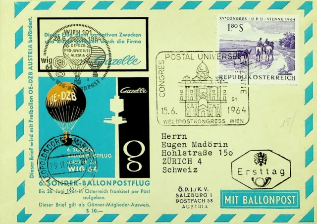 Austria 1964 Upu Congress Pro Juventute Wien Balloon Post Fdc To Switzerland