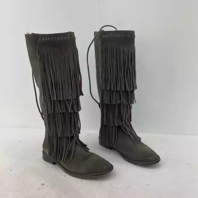 Faryl Robin X Free People Gray Suede Tall Fringe Riding Biker Boots - Women's 7