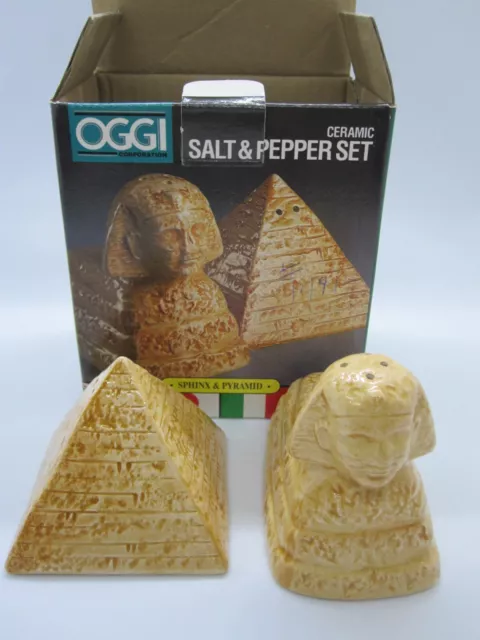 Vintage OGGI boxed Salt and Pepper Shakers Sphinx and Pyramid