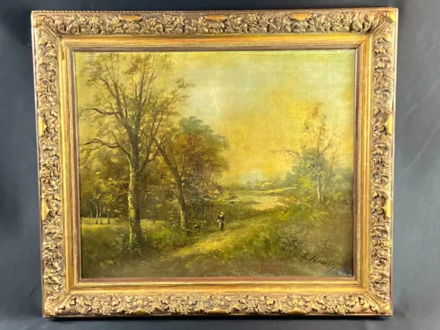 Grand tableau fin XIX début XXe avec cadre ancien Ecole de Barbizon signée Henry