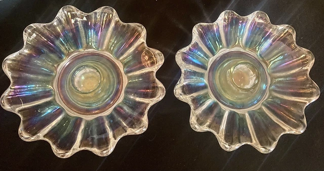 Vintage Iridescent Federal Glass Flower Candle Holder Set